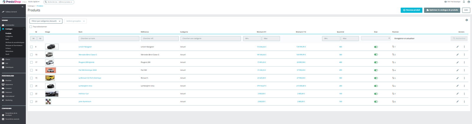 Liste des produits en vente dans le back-office